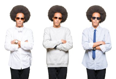 Beyaz izole arka plan üzerinde afro saç ile genç adam kolaj şüpheci ve sinir, kesişmiş kollar ile yüz üzerinde ifade onaylamıyor. Negatif kişi.