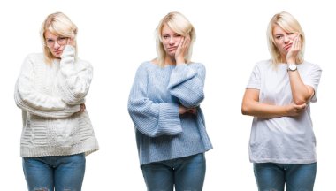 Izole arka plan üzerinde kış kazak giyen güzel sarışın kadın Kolaj yorgun görünümlü ve çapraz kolları ile depresyon sorunları ile sıkılmış düşünme.