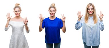 Kolaj gösterilen ve parmakları ile işaret izole arka plan üzerinde genç güzel sarışın kadının kendinden emin ve mutlu gülümseyerek süre sekiz numara.