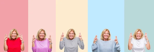 Collage Von Senioren Mittleren Alters Schöne Frau Über Bunte Streifen — Stockfoto