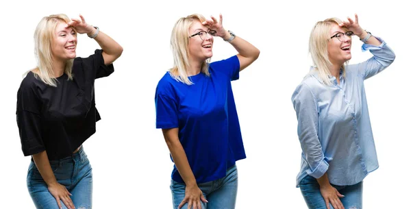 Colagem Bela Mulher Loira Sobre Fundo Isolado Muito Feliz Sorrindo — Fotografia de Stock