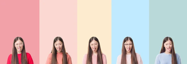 Collage of beautiful asian woman over colorful stripes isolated background sticking tongue out happy with funny expression. Emotion concept.