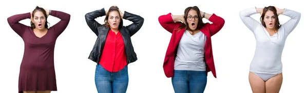 Collage Von Schöner Size Frau Über Isoliertem Hintergrund Verrückt Und — Stockfoto