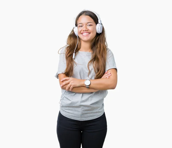 Joven Hermosa Mujer Con Auriculares Escuchando Música Sobre Fondo Aislado —  Fotos de Stock