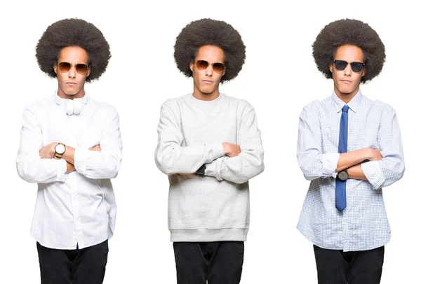Collage Giovanotto Con Capelli Afro Sfondo Bianco Isolato Scettico Nervoso — Foto Stock