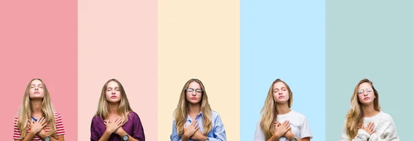 Collage Belle Jeune Femme Sur Des Rayures Colorées Fond Isolé — Photo