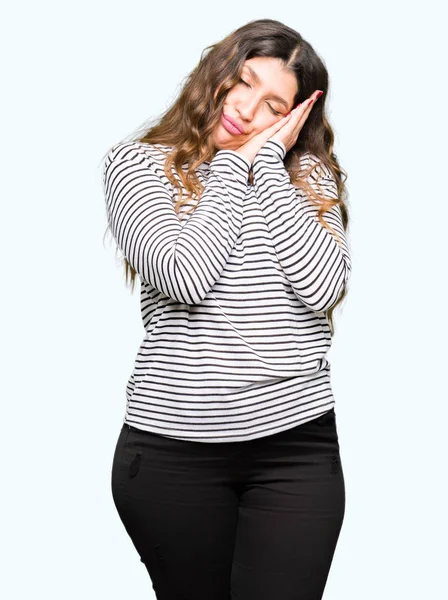 Joven Hermosa Mujer Con Rayas Suéter Durmiendo Cansado Soñando Posando — Foto de Stock