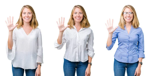 Collage Beautiful Blonde Business Woman White Isolated Background Showing Pointing — Stock Photo, Image