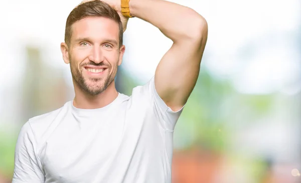 Handsome Man Wearing Casual White Shirt Smiling Confident Touching Hair — Stock Photo, Image