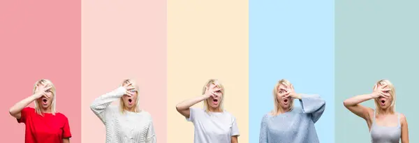 Koláž Krásná Blondýnka Barevné Pruhy Izolované Pozadí Prohlížení Šoku Pokrývající — Stock fotografie