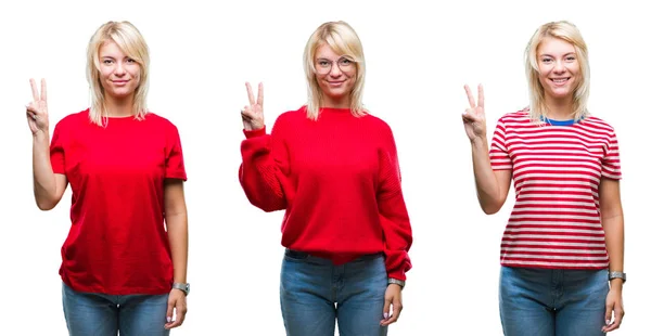Коллаж Красивой Блондинки Носить Случайный Красный Изолированном Фоне Показывая Указывая — стоковое фото