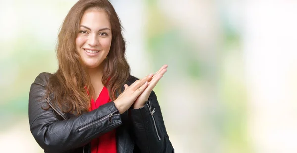 Bella Size Giovane Donna Indossa Una Giacca Pelle Moda Sfondo — Foto Stock