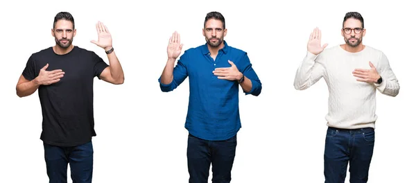 Colagem Homem Bonito Sobre Fundo Branco Isolado Jurando Com Mão — Fotografia de Stock