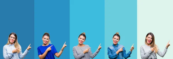 Collage Von Jungen Schönen Frau Über Blauen Streifen Isolierten Hintergrund — Stockfoto