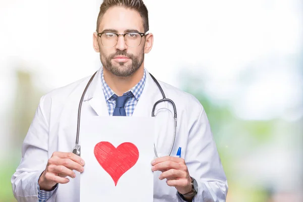 Handsome Young Doctor Man Holding Paper Red Heart Isolated Background — Stock Photo, Image