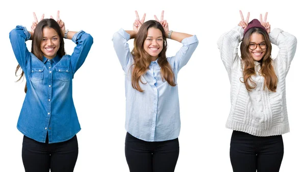 Colagem Bela Jovem Sobre Fundo Isolado Posando Engraçado Louco Com — Fotografia de Stock