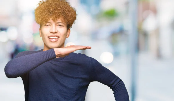 Young Handsome Man Afro Hair Gesturing Hands Showing Big Large — Stock Photo, Image