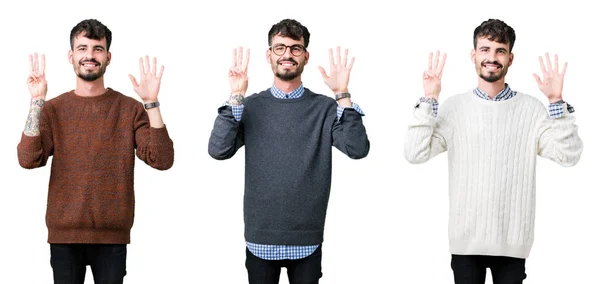 Коллаж Молодого Человека Свитере Изолированном Фоне Показывает Показывает Пальцами Номер — стоковое фото