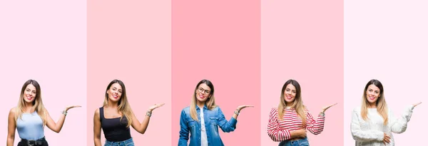 Collage Joven Hermosa Mujer Sobre Rayas Rosadas Aisladas Fondo Sonriente — Foto de Stock