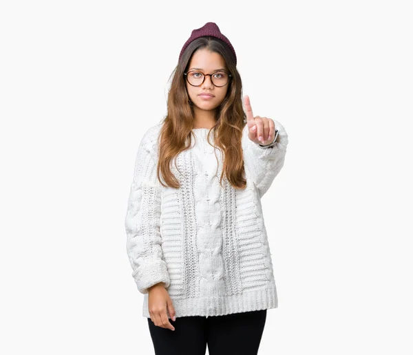 Young Beautiful Brunette Hipster Woman Wearing Glasses Winter Hat Isolated — Stock Photo, Image