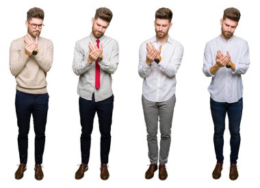 Beyaz izole arka plan üzerinde yakışıklı genç iş adamı Kolaj ellerde ve parmaklarda ağrı acı, artrit iltihabı