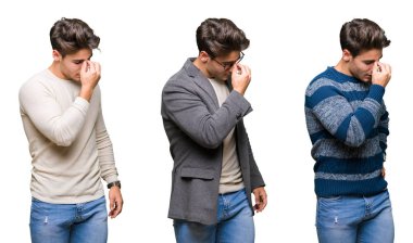 İzole arka plan üzerinde genç yakışıklı iş adamı kolaj burun ve gözler yorgunluk ve baş ağrısı hissi yorgun. Stres ve hayal kırıklığı kavramı.