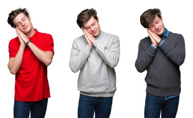 Uyku yorgun hayal ve eller ile birlikte Kapalı gözlerle gülümseyerek poz beyaz izole arka plan üzerinde genç adam kolaj.