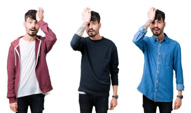 Kafasına hata için el ile izole arka plan üzerinde genç adam kolaj şaşırdım, hata hatırlıyorum. Unuttum, kötü bellek kavramı.