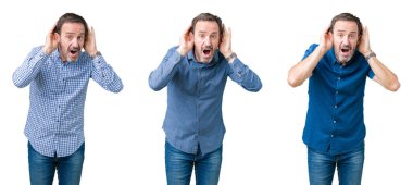 Kolaj kulak jest, dedikodu için meraklı her iki ellerde dinliyoruz beyaz izole arka plan üzerinde yakışıklı komuta sizde. İşitme sorunu, sağır