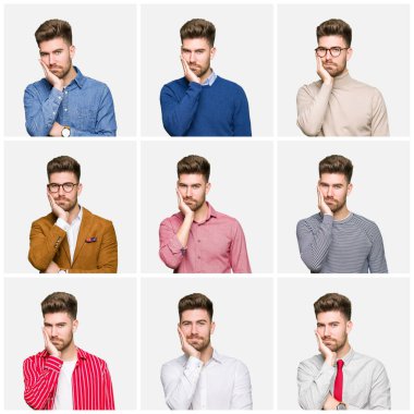 Yakışıklı genç iş adamı farklı giyen kolaj üzerinde beyaz izole arka plan düşünme seyir yorgun ve çapraz kolları olan depresyon sorunları ile sıkılmış görünüyor.