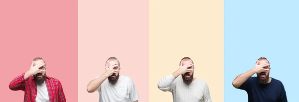 Collage Young Man Beard Colorful Stripes Isolated Background Peeking Shock — Stock Photo, Image