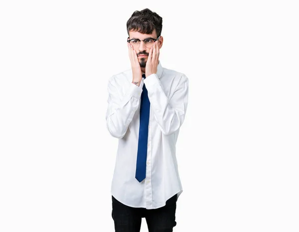 Joven Hombre Negocios Guapo Con Gafas Sobre Fondo Aislado Manos — Foto de Stock