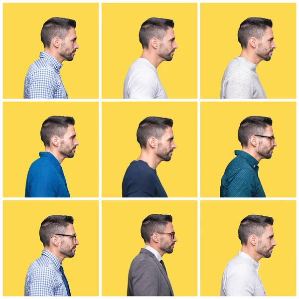 Collage Hombre Guapo Sobre Fondo Aislado Amarillo Mirando Lado Pose — Foto de Stock