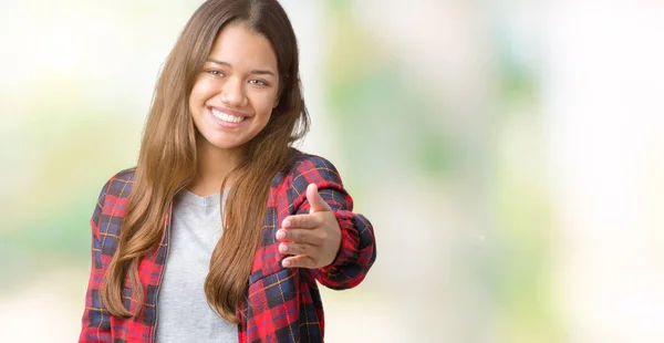 Young Beautiful Brunette Woman Wearing Jacket Isolated Background Smiling Friendly — Stock Photo, Image