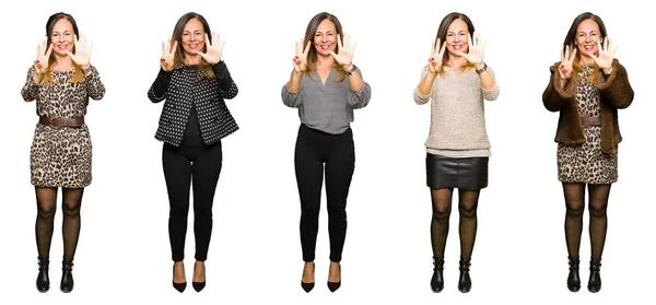 Collage Einer Eleganten Frau Mittleren Alters Vor Isoliertem Weißen Hintergrund — Stockfoto