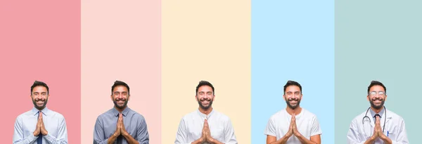 Collage Hombre Guapo Sobre Rayas Colores Fondo Aislado Rezando Con —  Fotos de Stock