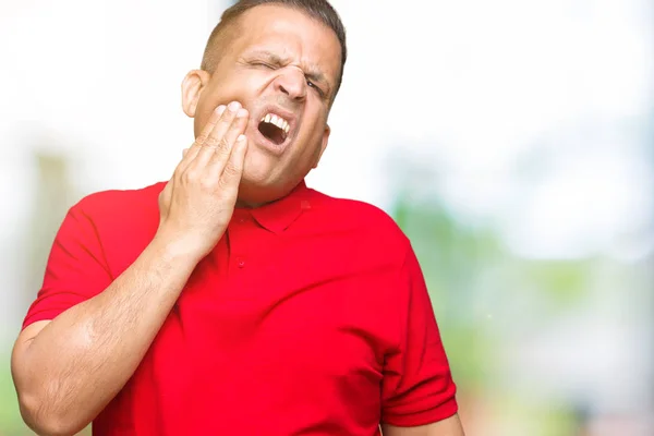 Medelåldern Arabiska Mannen Över Isolerade Bakgrund Att Röra Munnen Med — Stockfoto