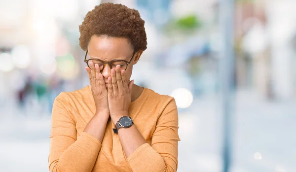 Young Beautiful African American Woman Wearing Glasses Isolated Background Sad — Stock Photo, Image