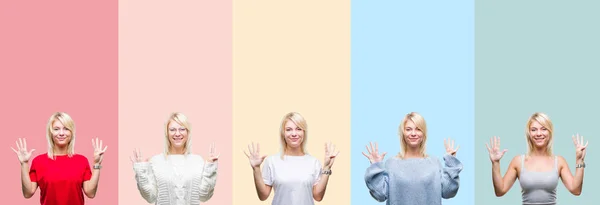 Collage Van Mooie Blonde Vrouw Kleurrijke Strepen Geïsoleerde Achtergrond Weergeven — Stockfoto