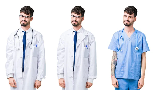 Collage Medico Uomo Indossa Cappotto Medico Sfondo Isolato Ammiccando Guardando — Foto Stock