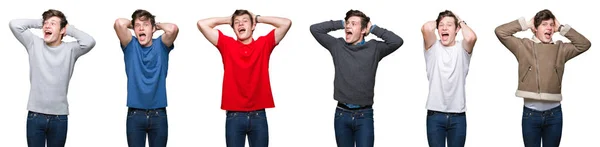 Collage Young Man White Isolated Background Crazy Scared Hands Head — Stock Photo, Image