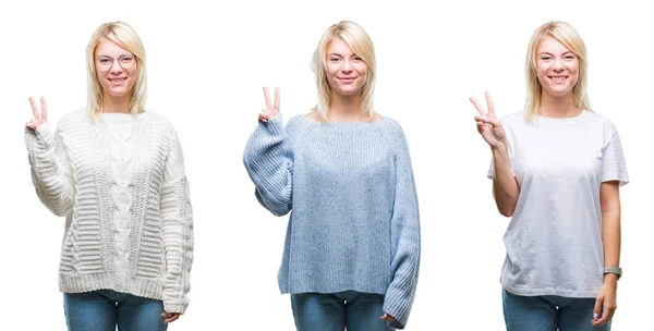 Collage Vacker Blond Kvinna Klädd Vinter Tröja Över Isolerad Bakgrund — Stockfoto