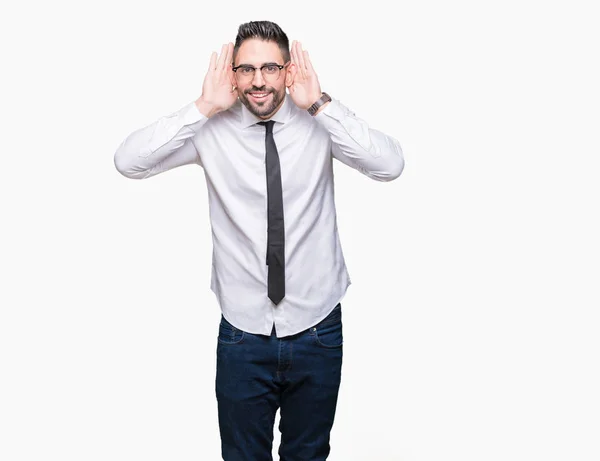 Joven Hombre Negocios Guapo Con Gafas Sobre Fondo Aislado Tratando —  Fotos de Stock