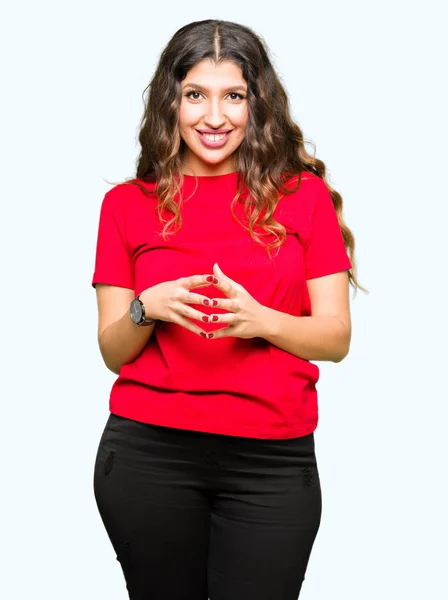 Jovem Mulher Bonita Vestindo Camiseta Casual Mãos Juntas Dedos Cruzados — Fotografia de Stock