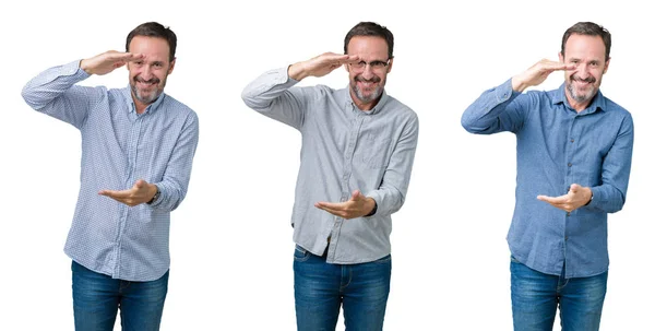 Colagem Homem Negócios Sênior Bonito Sobre Fundo Isolado Branco Gestos — Fotografia de Stock