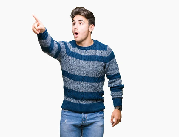 Young Handsome Man Isolated Background Pointing Finger Surprised Ahead Open — Stock Photo, Image