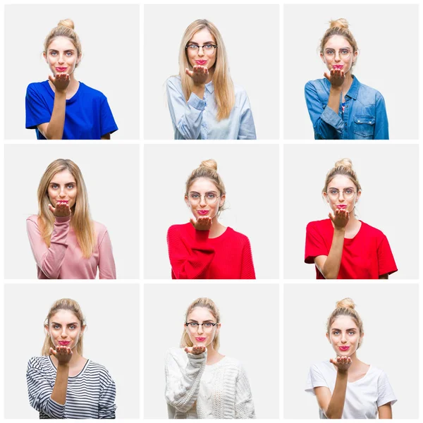 Collage of young beautiful blonde woman over white isolated background looking at the camera blowing a kiss with hand on air being lovely and sexy. Love expression.