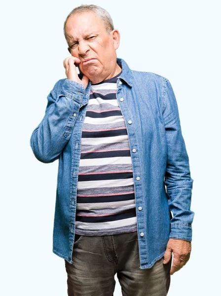 Handsome Senior Man Wearing Denim Jacket Looking Stressed Nervous Hands — Stock Photo, Image