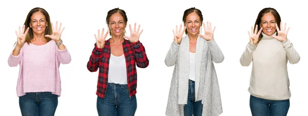 美丽的中年妇女穿着冬季毛衣在白色孤立的背景显示和指向手指9号 同时微笑自信和快乐 — 图库照片