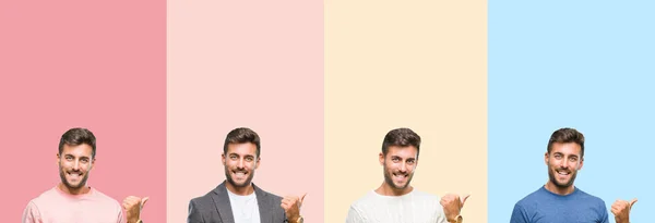 Colagem Belo Jovem Sobre Listras Coloridas Fundo Isolado Sorrindo Com — Fotografia de Stock